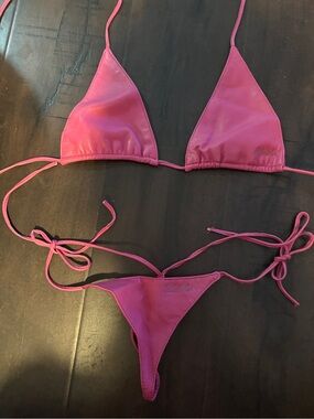 Y2K vintage hustler Hot Pink leather Triangle String Bikini Set Women Swim nwot